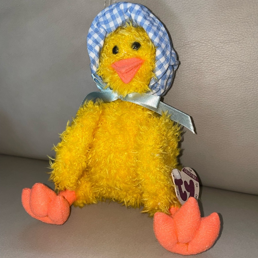 TY Collectible Bonnie Plush Yellow Chick with Blue Gingham Bonnet & Orange Beak